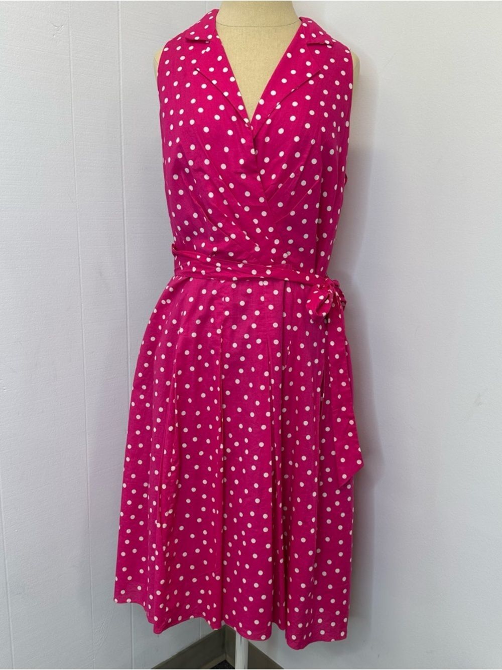 Evan Picone Size 10 Sleeveless Pink Polka Dot Shirt Dress Midi